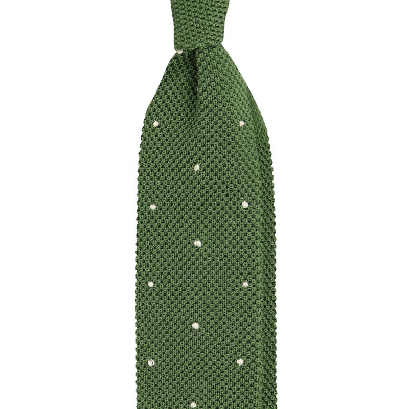 Cravatta a maglia verde oliva con pois bianchi
