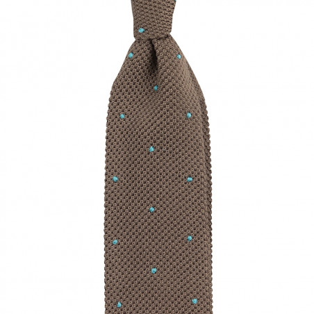 Cravatta a maglia tortora con pois turchesi