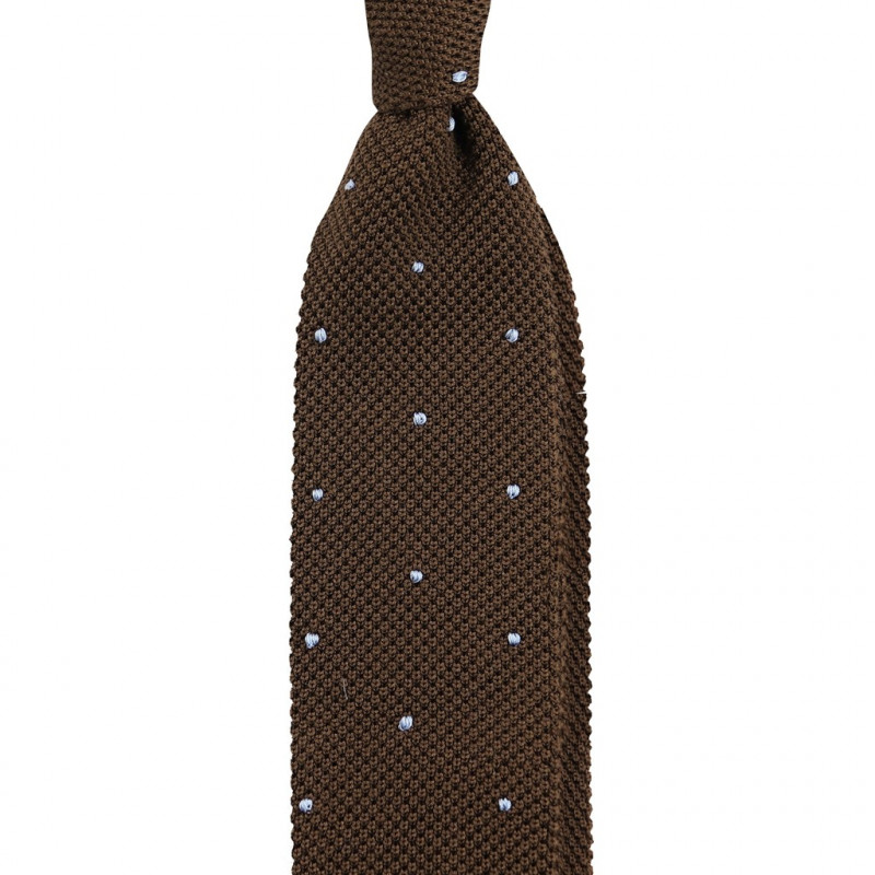 Cravatta a maglia marrone con pois celesti