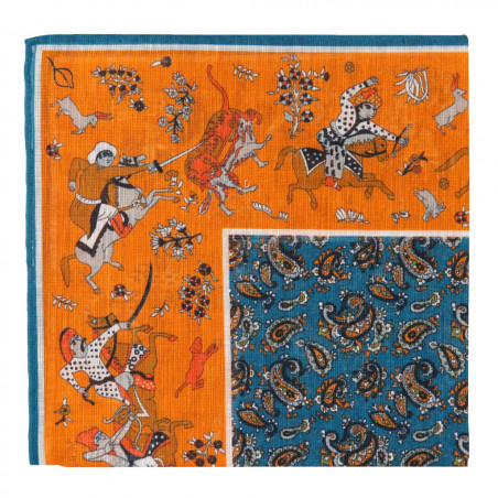 Hunting motif orange and light blue