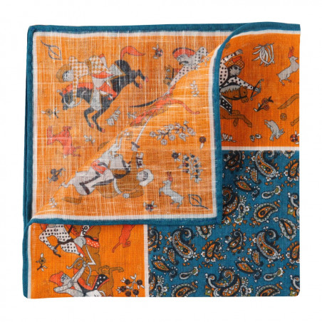 Hunting motif orange and light blue