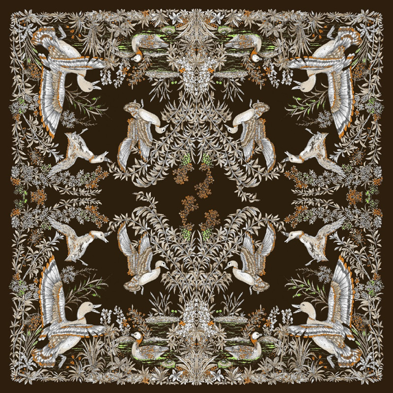 Silk neck foulard 70 x 70 ducks - brown