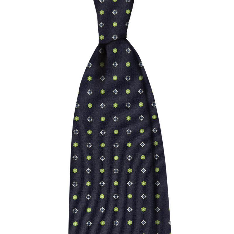 Flower 3 Folds silk tie  - navy