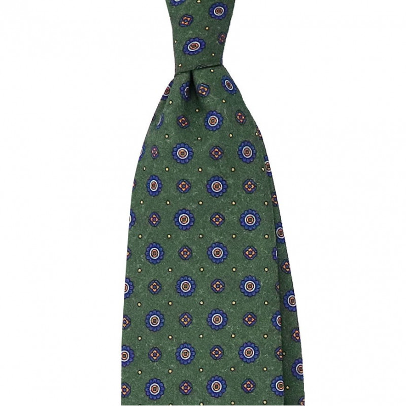 Dark green Flower printed tie on light wool