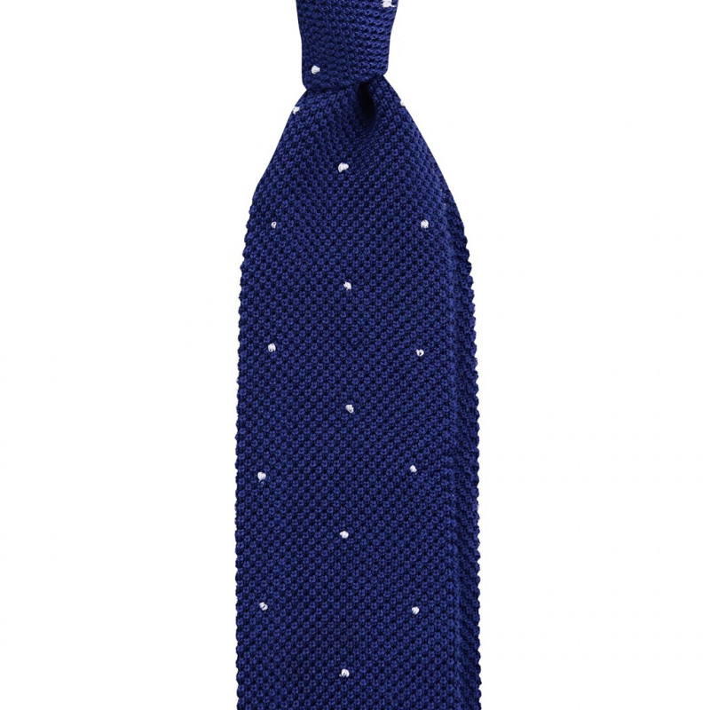 Cravatta a maglia blu medio con pois bianchi
